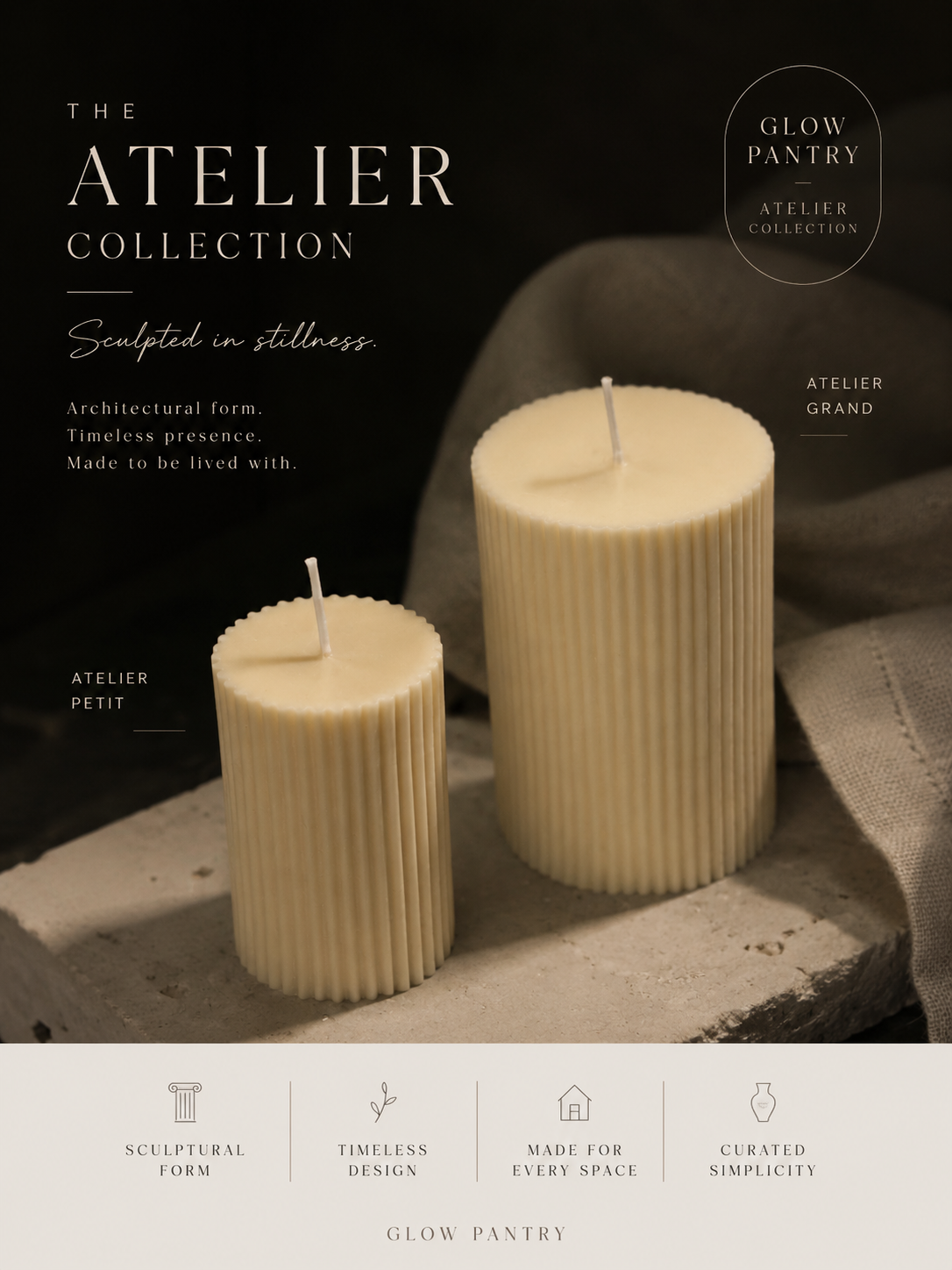 The Atelier Collection by Glow Pantry featuring Atelier Petit and Atelier Grand sculptural ribbed candles in Cashmere and Parchment tones.