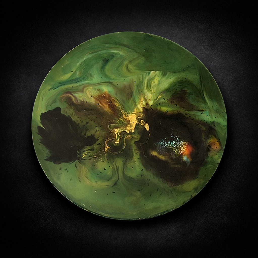 Chiaroscuro Object VI — 35cm circular wax sculpture with layered green pigment and organic textural surface by Glow Pantry.