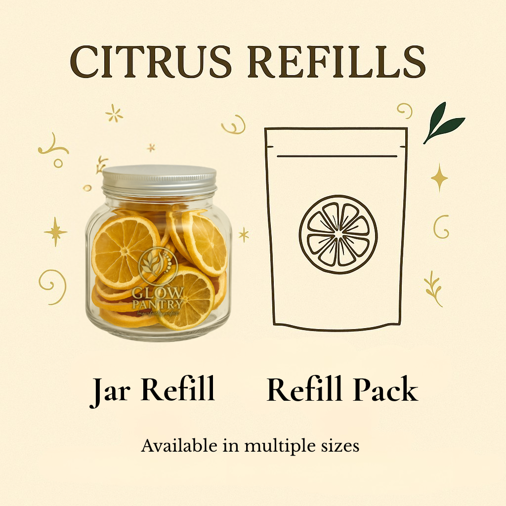 Glow Pantry citrus refill graphic showing jar refill and refill pack options on a beige background.