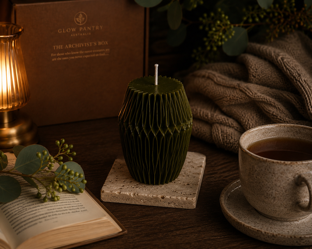 Moss faceted sculptural candle displayed in a cosy reading nook setting with an open book, ceramic mug, eucalyptus stems and warm lamplight, accompanied by The Archivist’s Box.