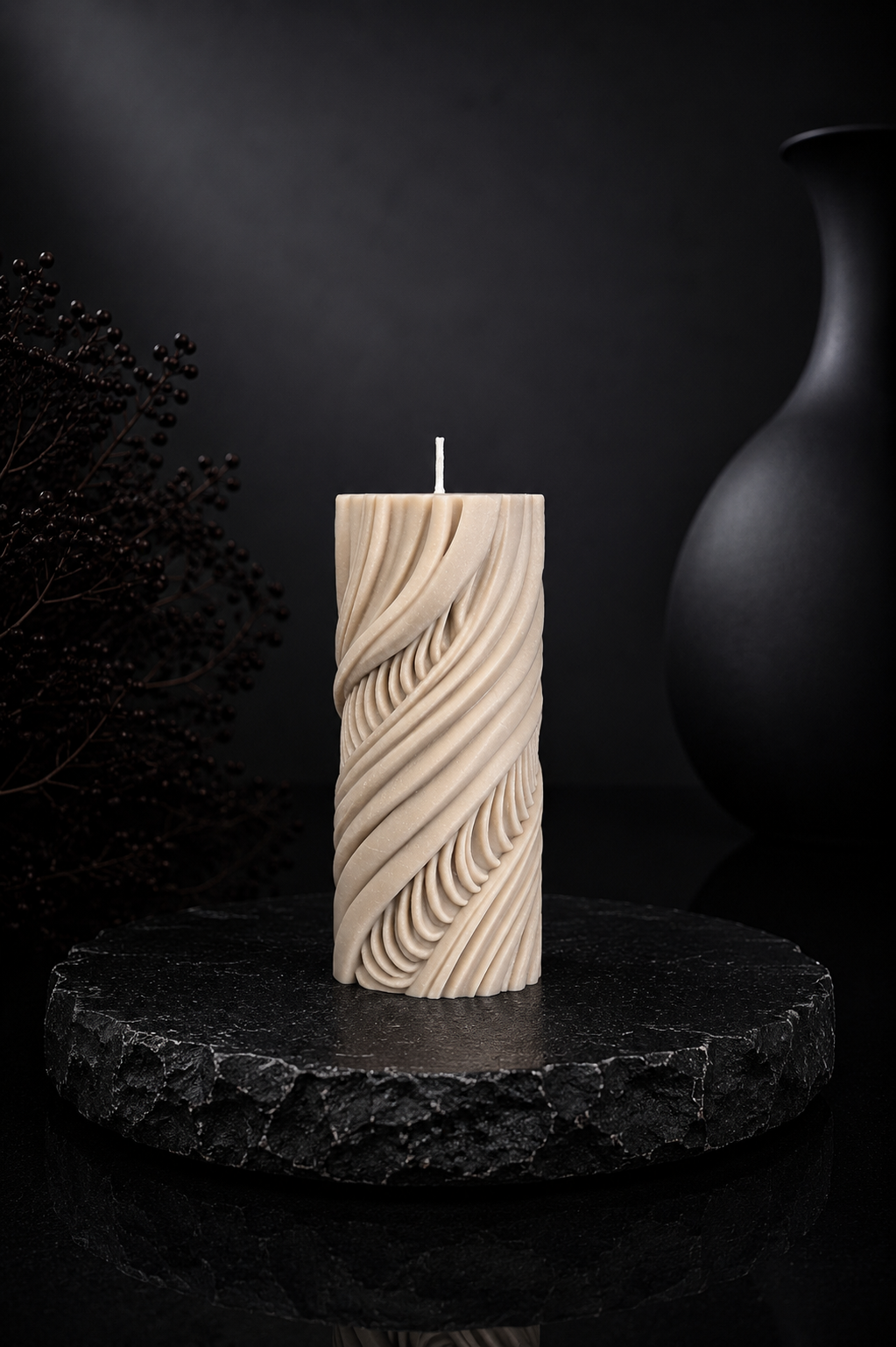 Obsidian Current sculptural candle in Cashmere, featuring flowing carved contours and warm stone-neutral tones from Glow Pantry’s Lowlight Series.