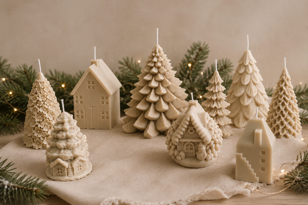 Glow Pantry Cashmere Christmas Collection featuring hand-poured sculptural Christmas tree and heritage house candles in Cashmere, styled as a festive holiday village.
