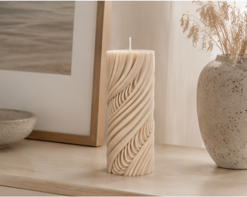 Cashmere Obsidian Current sculptural candle styled on a light timber console with framed artwork and textured ceramic vases.