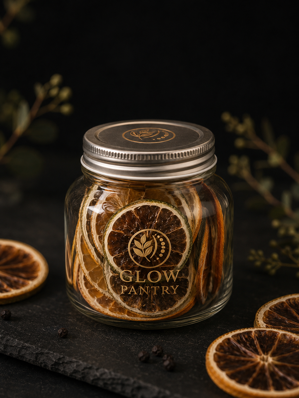 Glow Pantry Citrus Medley 50g jar featuring dried orange, lemon, lime and grapefruit slices in a reusable glass jar, styled on a dark botanical backdrop.