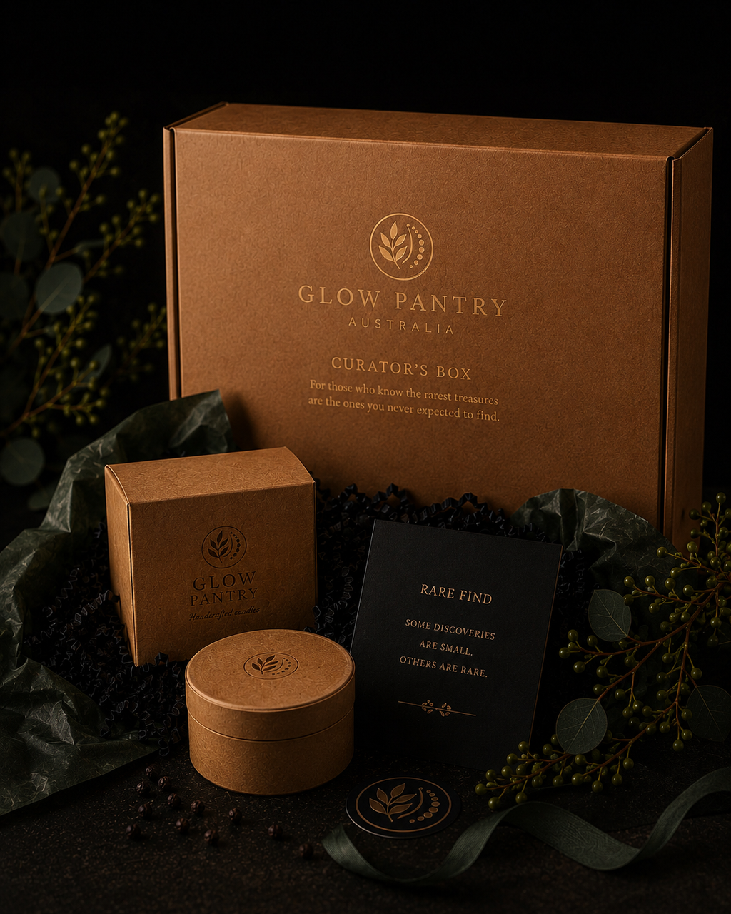 Glow Pantry Curator’s Box featuring a luxury kraft gift box, exclusive discovery items, handcrafted packaging, Rare Find collector card and premium botanical styling against a dark background.