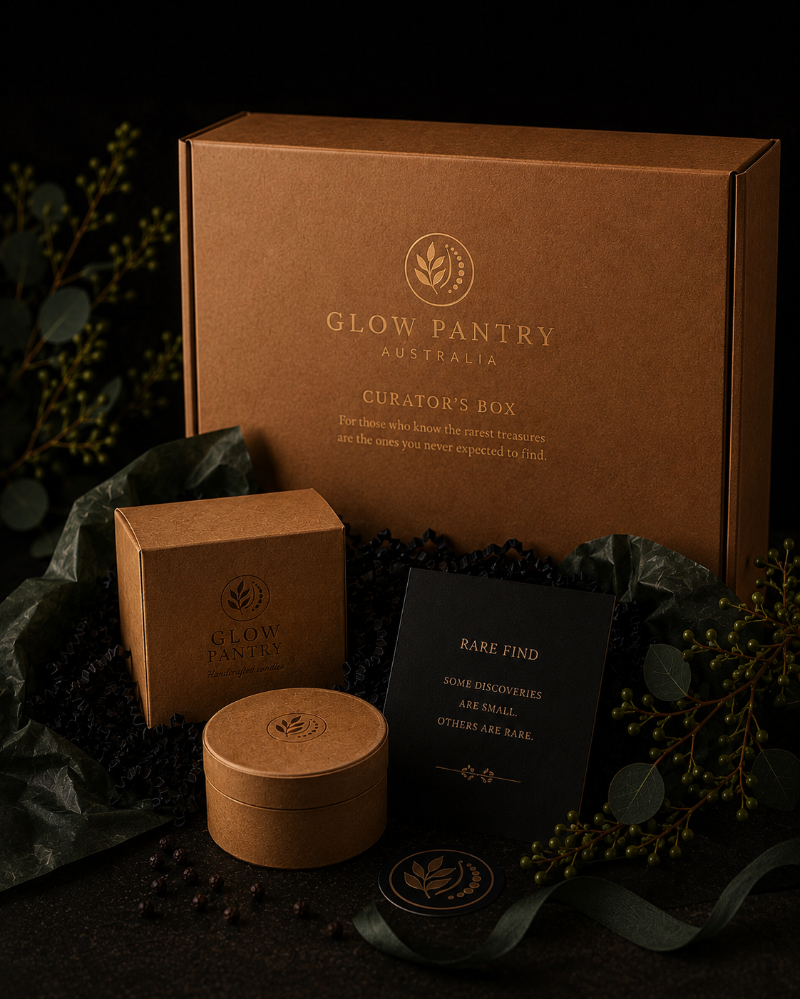 Glow Pantry Curator’s Box featuring a luxury kraft gift box, exclusive discovery items, handcrafted packaging, Rare Find collector card and premium botanical styling against a dark background.