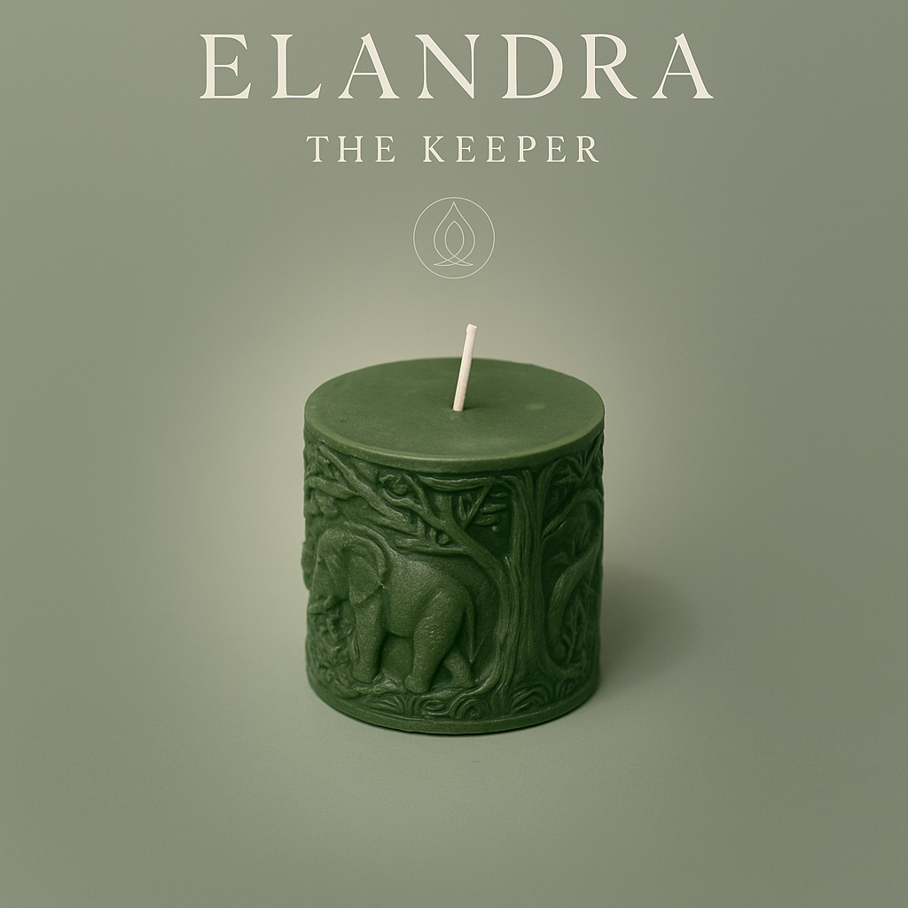 Elandra The Keeper sculptural pillar candle in deep forest green with carved elephant detailing, part of the Glow Pantry Luxe Duet collection.