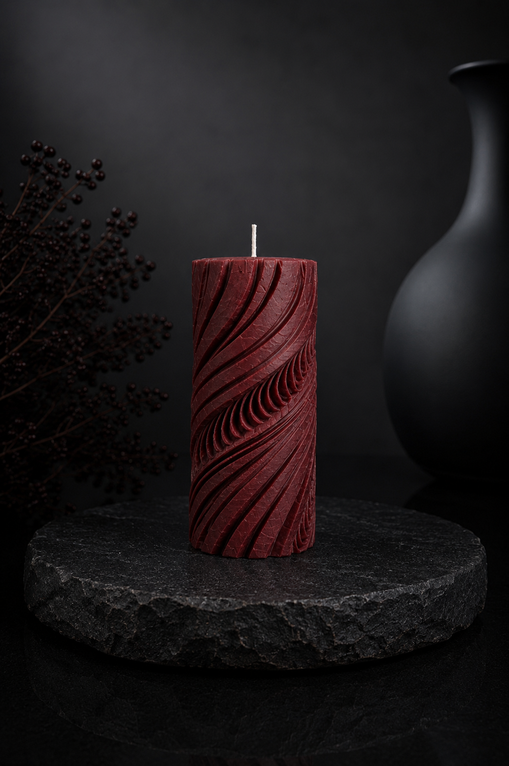 Obsidian Current sculptural candle in Ember, featuring flowing carved contours and deep terracotta tones from Glow Pantry’s Lowlight Series.