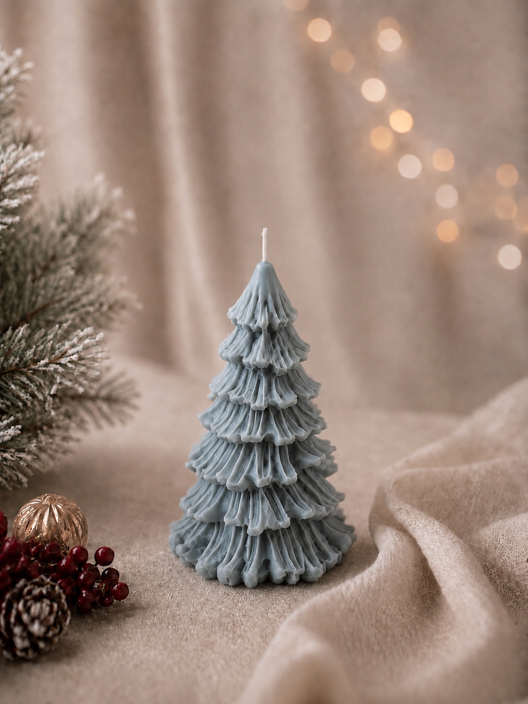 Evermore Fir sculptural Christmas tree candle in Bluestone, featuring cascading tiers of finely detailed fir branches.