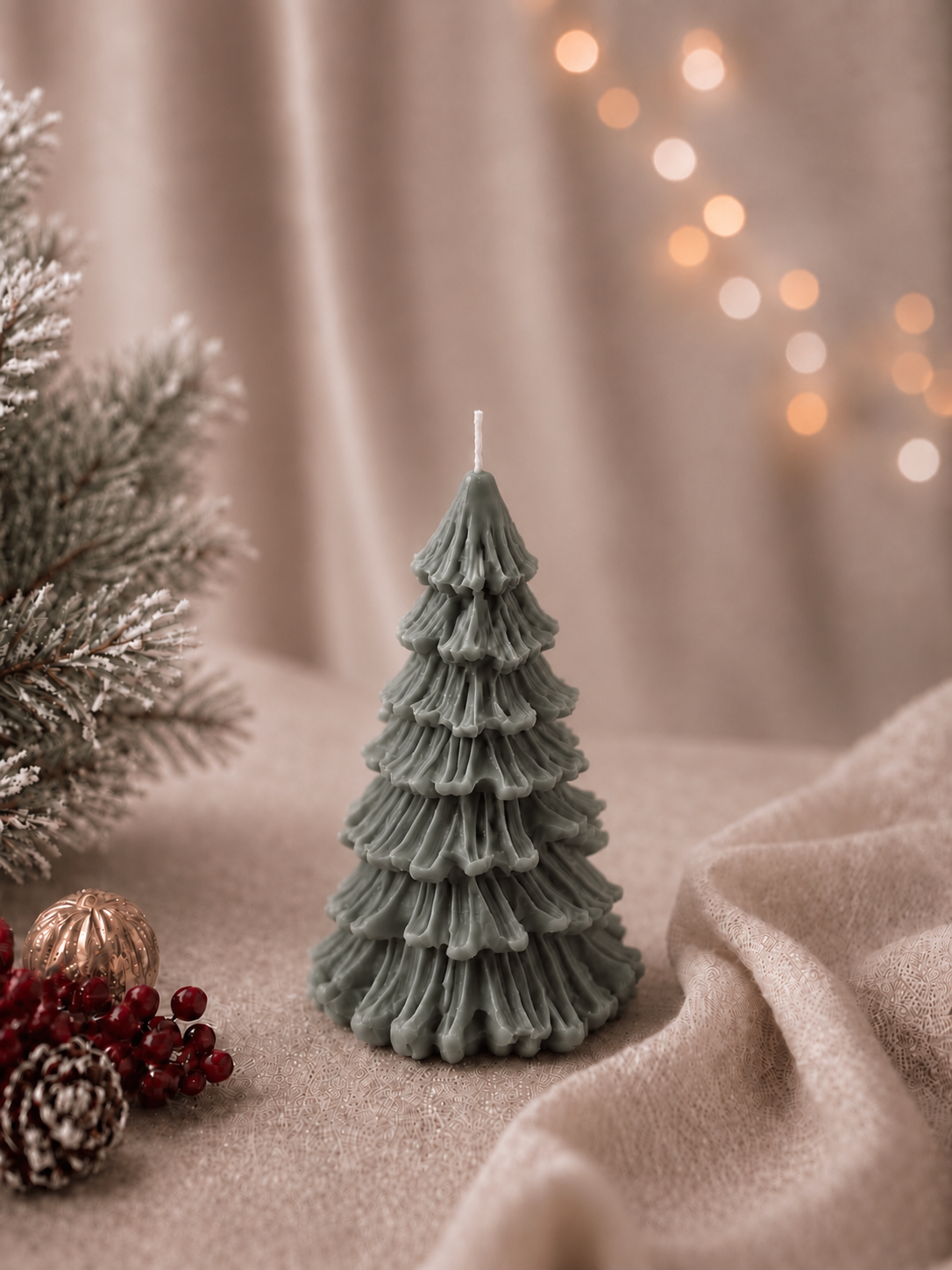Evermore Fir sculptural Christmas tree candle in Eucalyptus Stone, featuring cascading tiers of finely detailed fir branches.