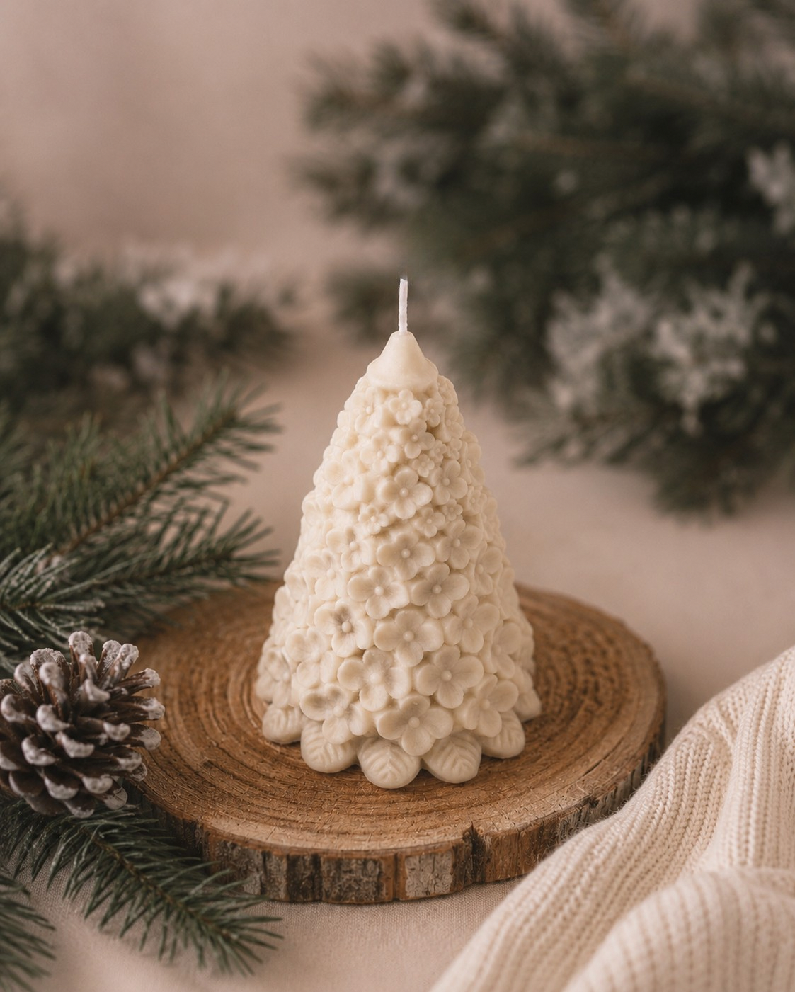 Fleur Fir sculptural Christmas tree candle in warm Cashmere, intricately detailed with cascading flowers and leaves.