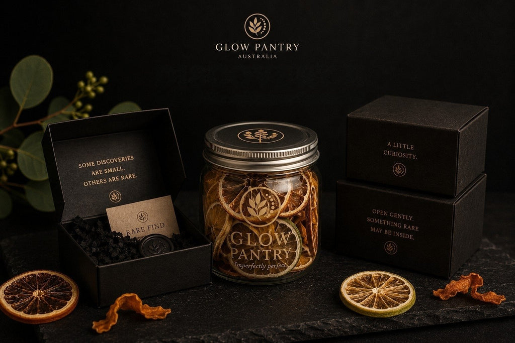 Glow Pantry Discovery Collection featuring sculptural candles, a dried citrus jar, Rare Find discovery items and stacked luxury gift boxes displayed against a dark editorial background.