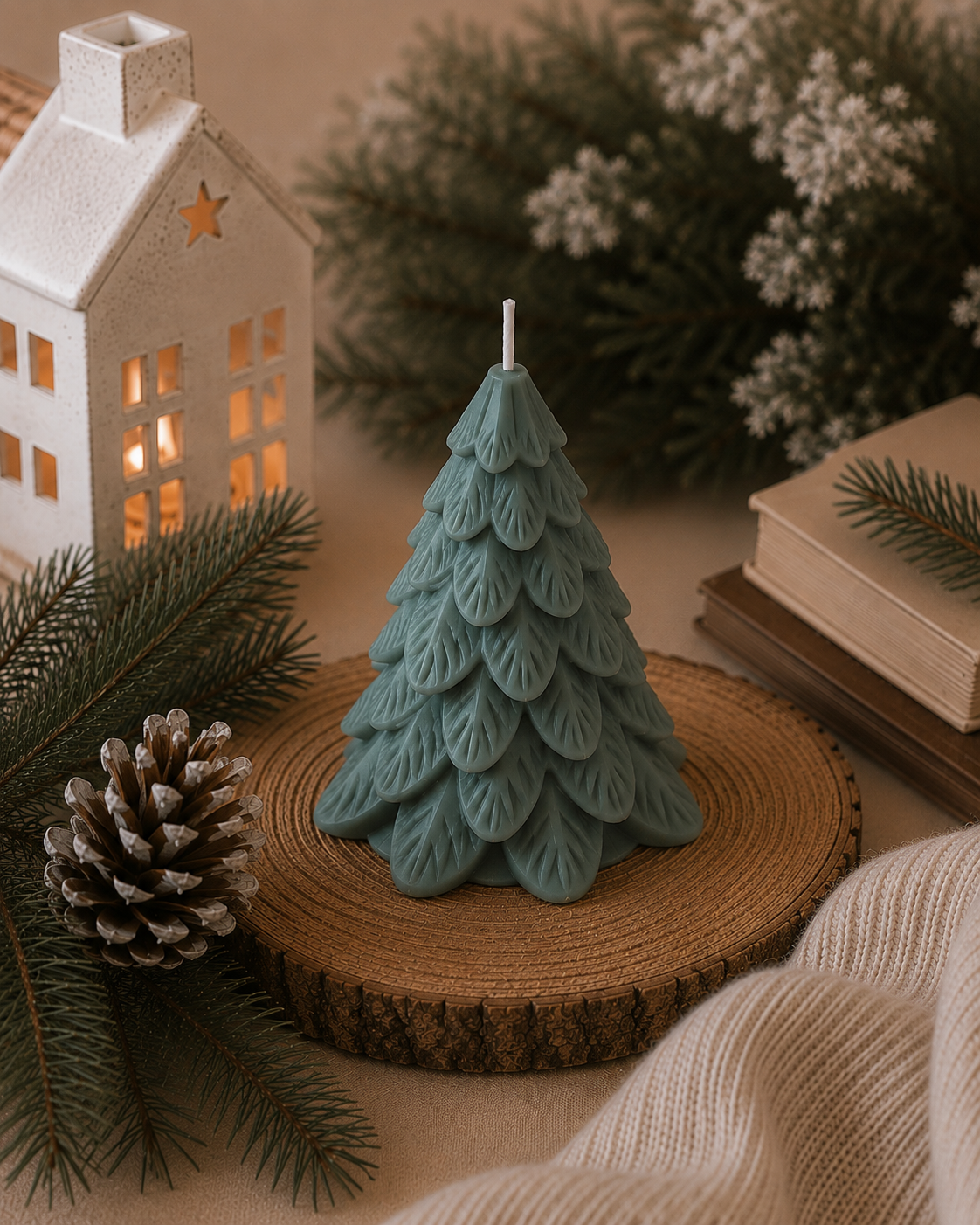 Heirloom Fir sculptural Christmas tree candle in Eucalyptus Stone, hand-poured in Melbourne by Glow Pantry for A Cashmere Christmas.