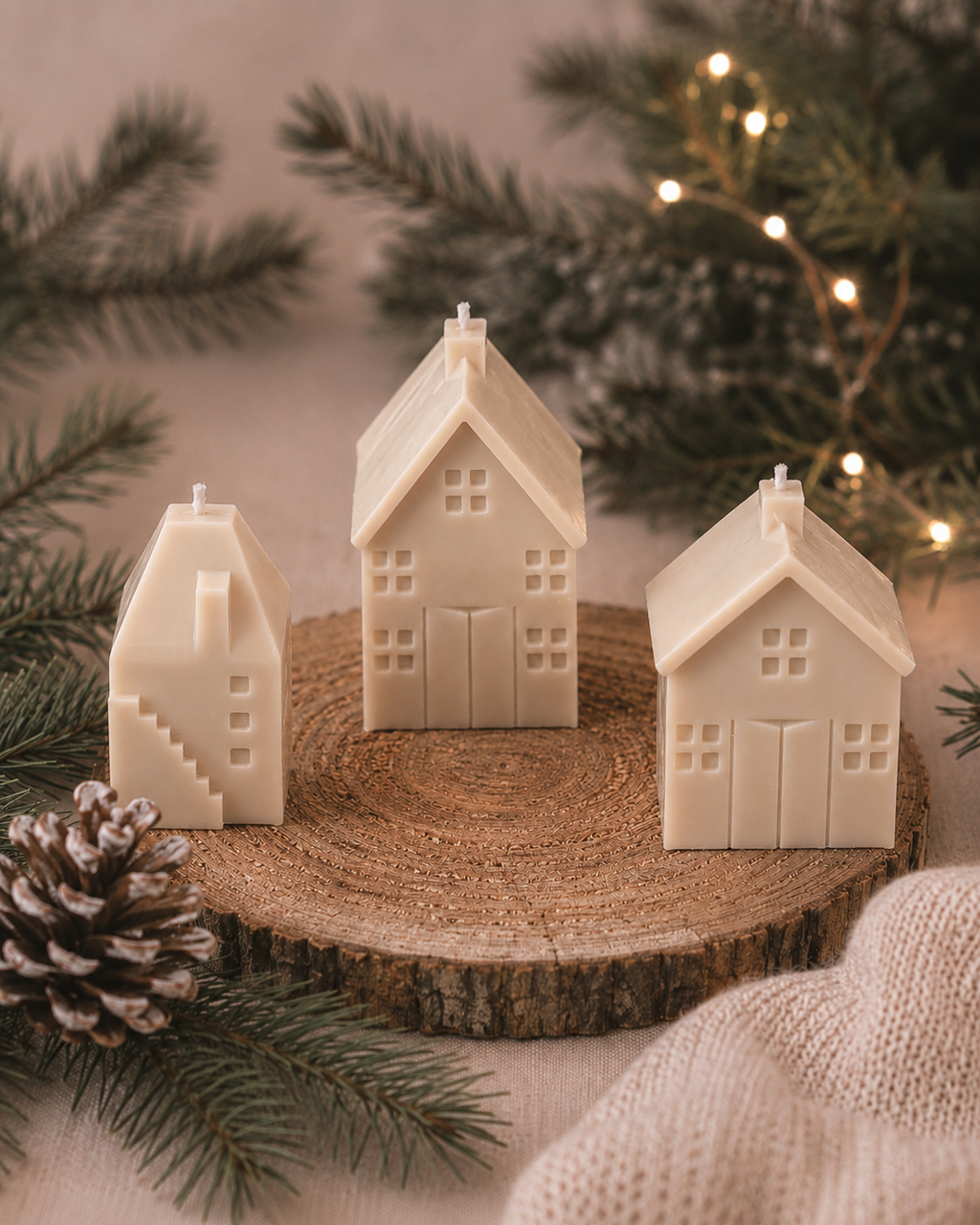 Glow Pantry Heritage Houses Collection featuring the Townhouse, Manor and Homestead sculptural candles in Cashmere, styled together on a natural timber slice.