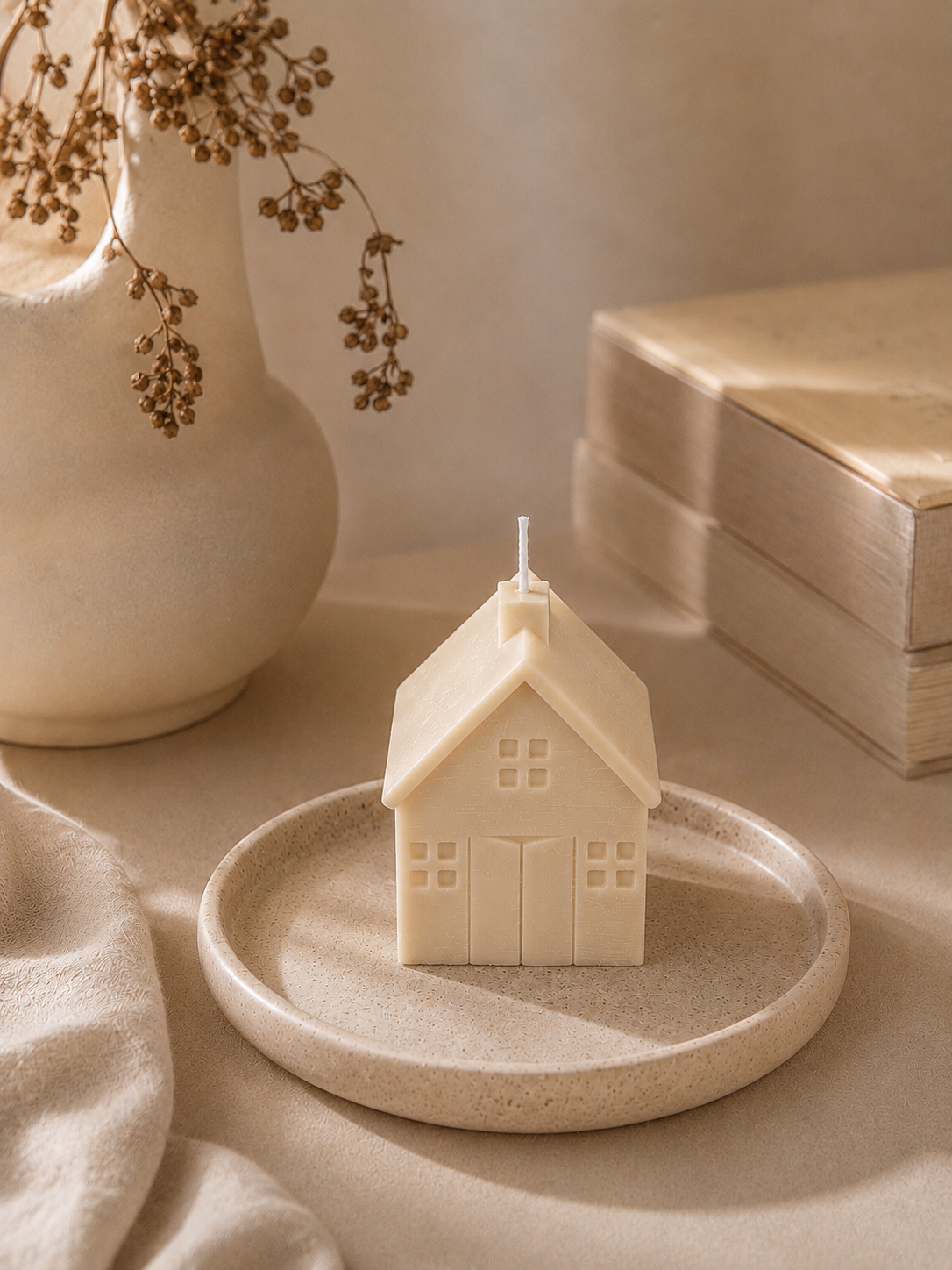 Glow Pantry Homestead sculptural house candle in Cashmere, hand-poured from premium soy wax and styled on a ceramic tray with neutral home décor.