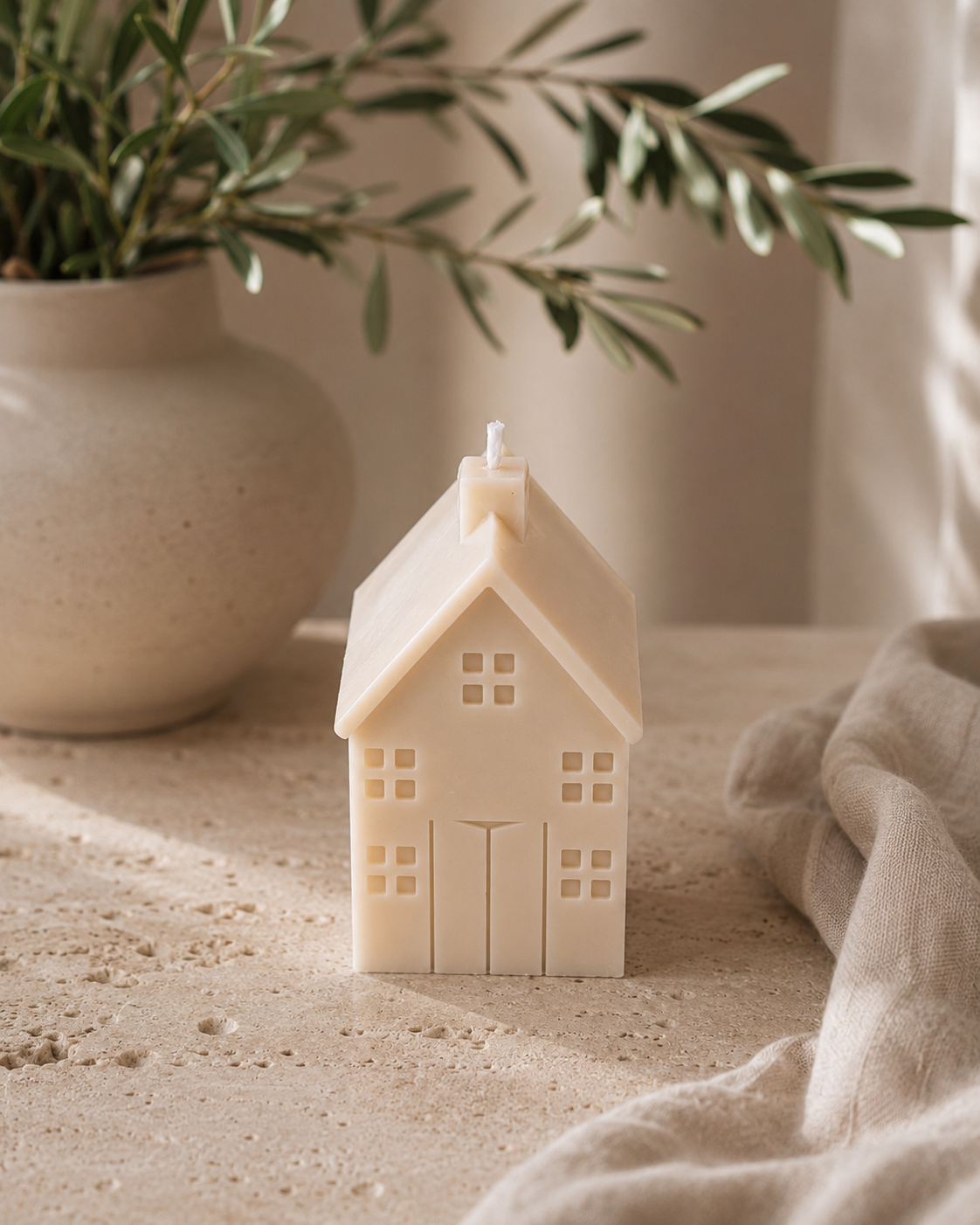Glow Pantry Manor sculptural house candle in Cashmere, hand-poured from premium soy wax and styled on a ceramic tray with neutral home décor.