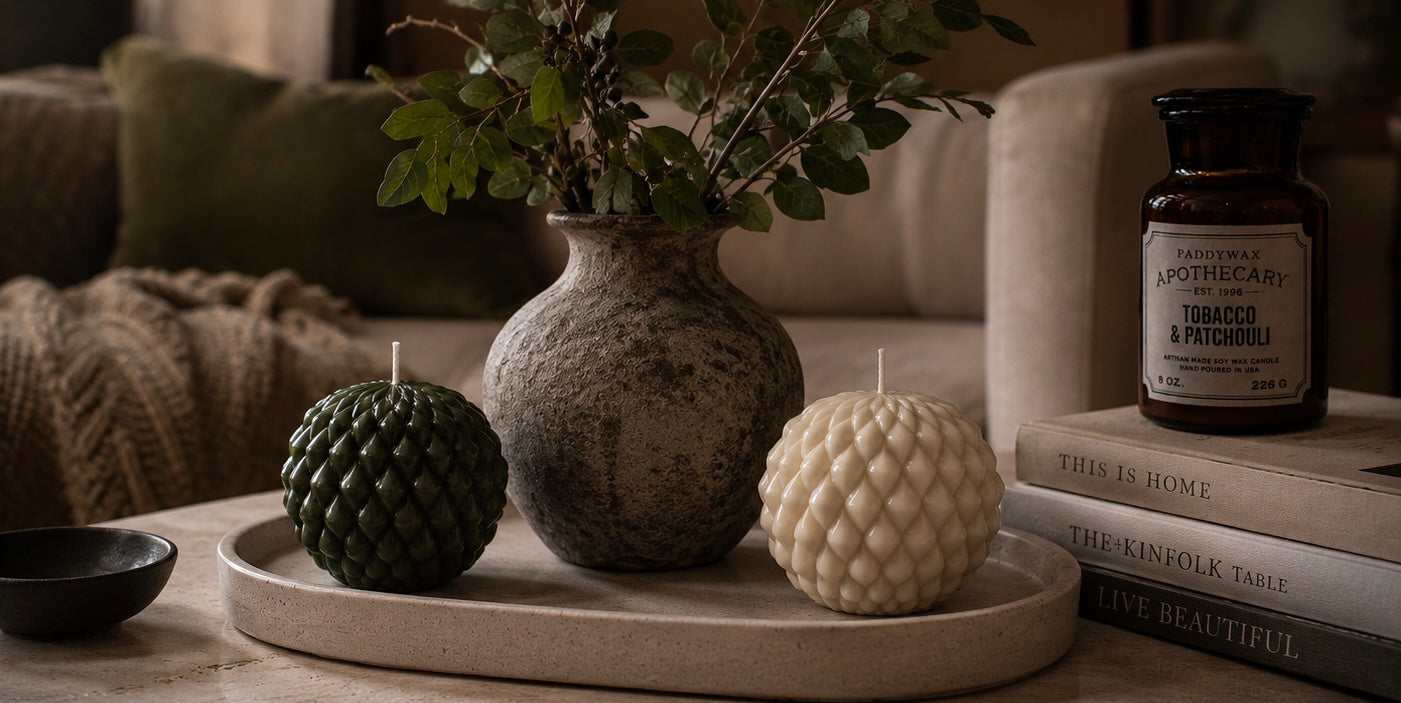 Moss and Cashmere Obsidian Bloom sculptural candles displayed beside a textured vase in a warm, layered interior. Hand-poured soy wax candles from Glow Pantry’s Lowlight Series.