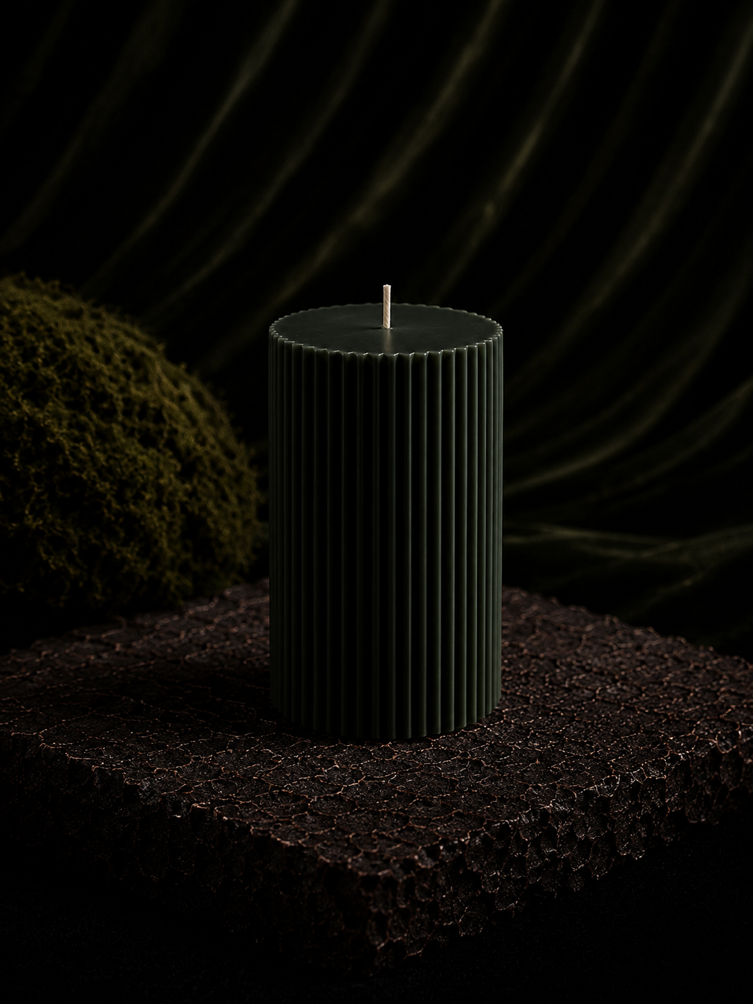 Glow Pantry Atelier Petit sculptural pillar candle in Moss, photographed on a textured stone pedestal against a rich botanical backdrop with soft moody lighting.