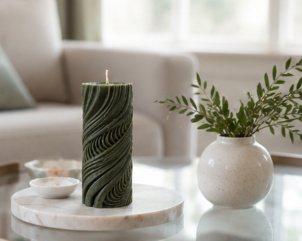 Moss Obsidian Current sculptural pillar candle styled on a marble coffee table with fresh greenery and contemporary home décor.