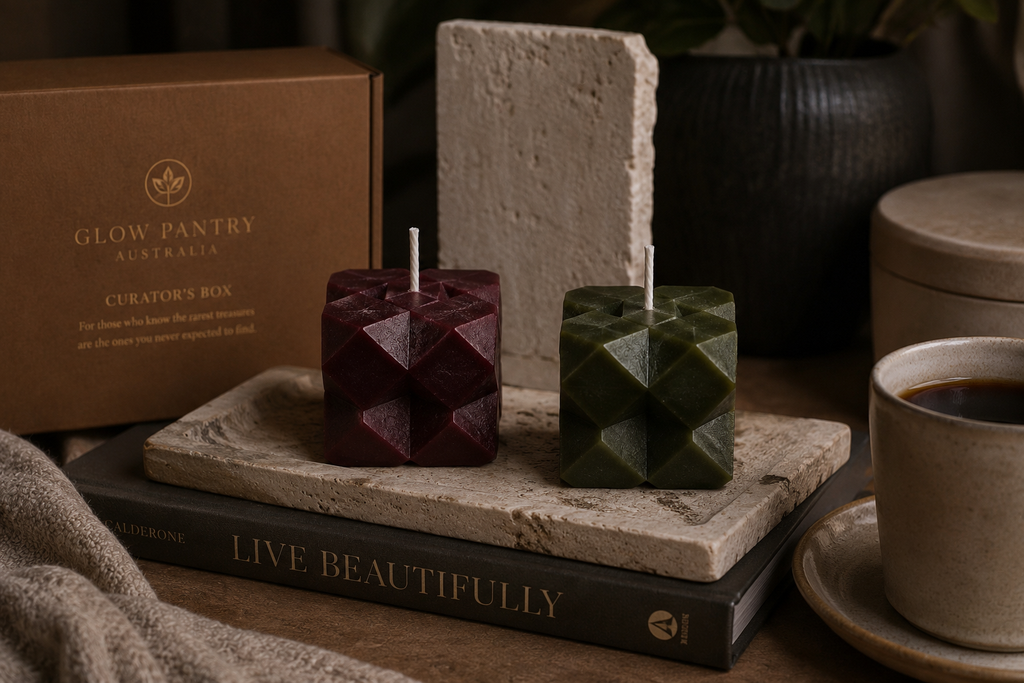 Mulberry and Moss Discovery Cube sculptural candles displayed on a textured stone tray atop stacked books, styled beside The Collector’s Box, a ceramic coffee cup and layered natural textures in a warm editorial setting.