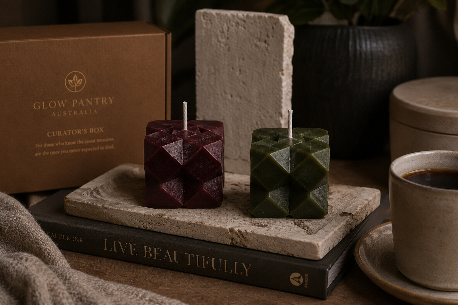 Mulberry and Moss Discovery Cube sculptural candles displayed on a textured stone tray atop stacked books, styled beside The Collector’s Box, a ceramic coffee cup and layered natural textures in a warm editorial setting.