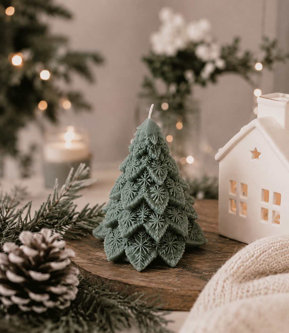 Noël Fir sculptural Christmas tree candle in Eucalyptus Stone, featuring layered branches intricately detailed with delicate snowflake motifs.