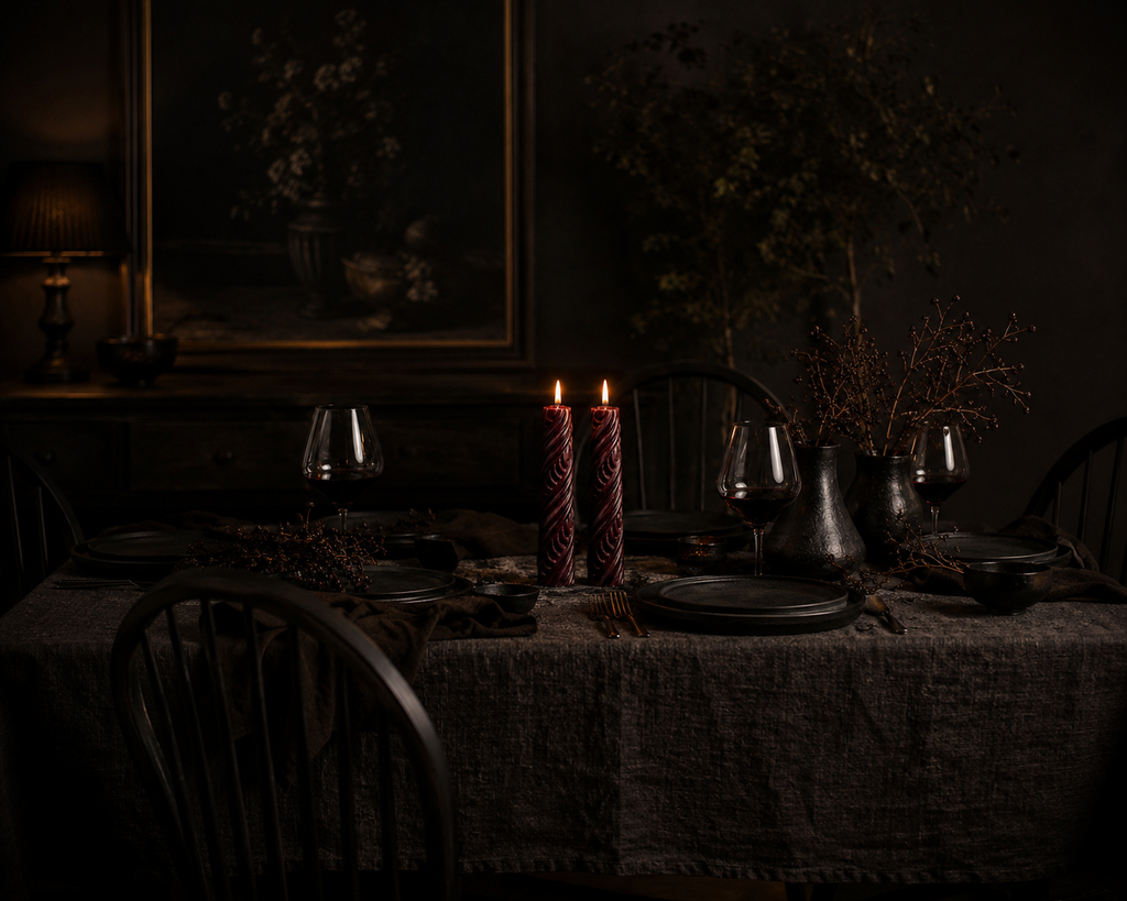 Obsidian Twist sculptural candles displayed on a dining table in Ember tone from the Glow Pantry Lowlight Series.