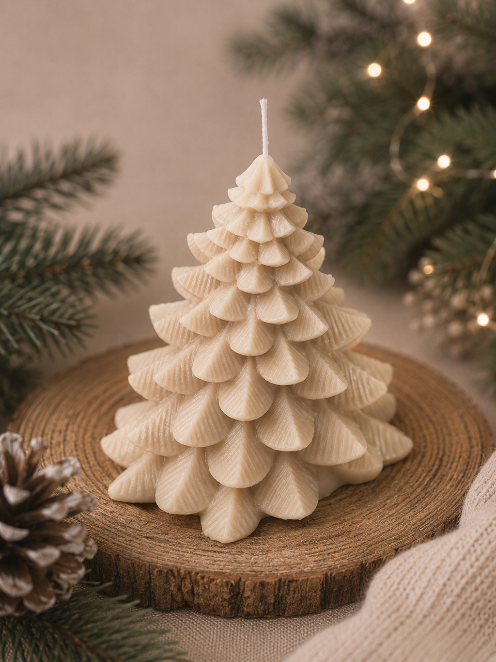 Hand-poured Cashmere Alpine Fir Sculpture candle by Glow Pantry on a wooden tray, scented with Christmas Sandalwood & Gingerbread.