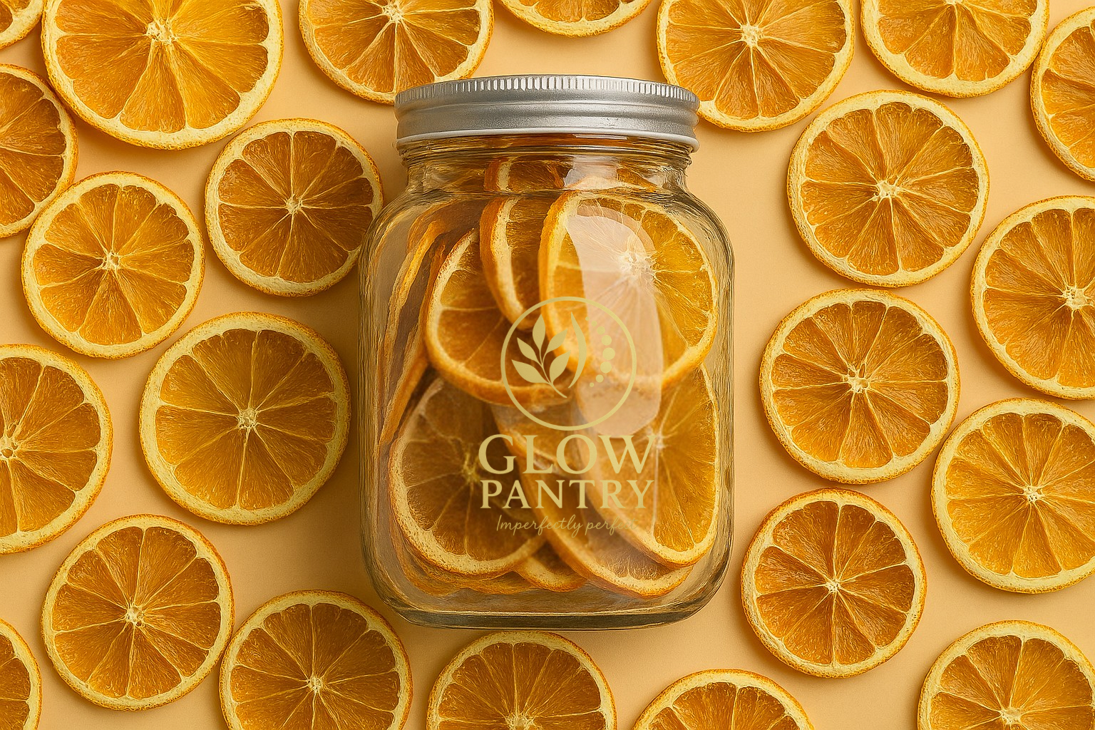 Dried citrus slice jar on citrus patterned background, Glow Pantry fruit medley.