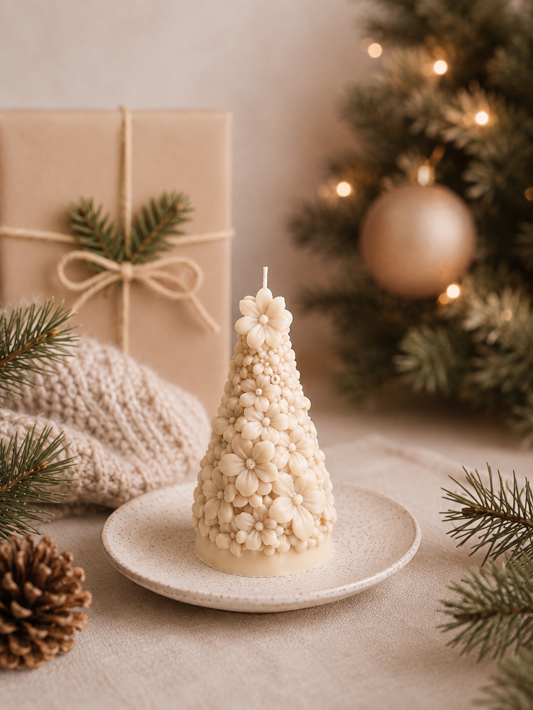 Winterbloom Fir sculptural Christmas tree candle in soft Cashmere, featuring intricate floral blossom detailing.
