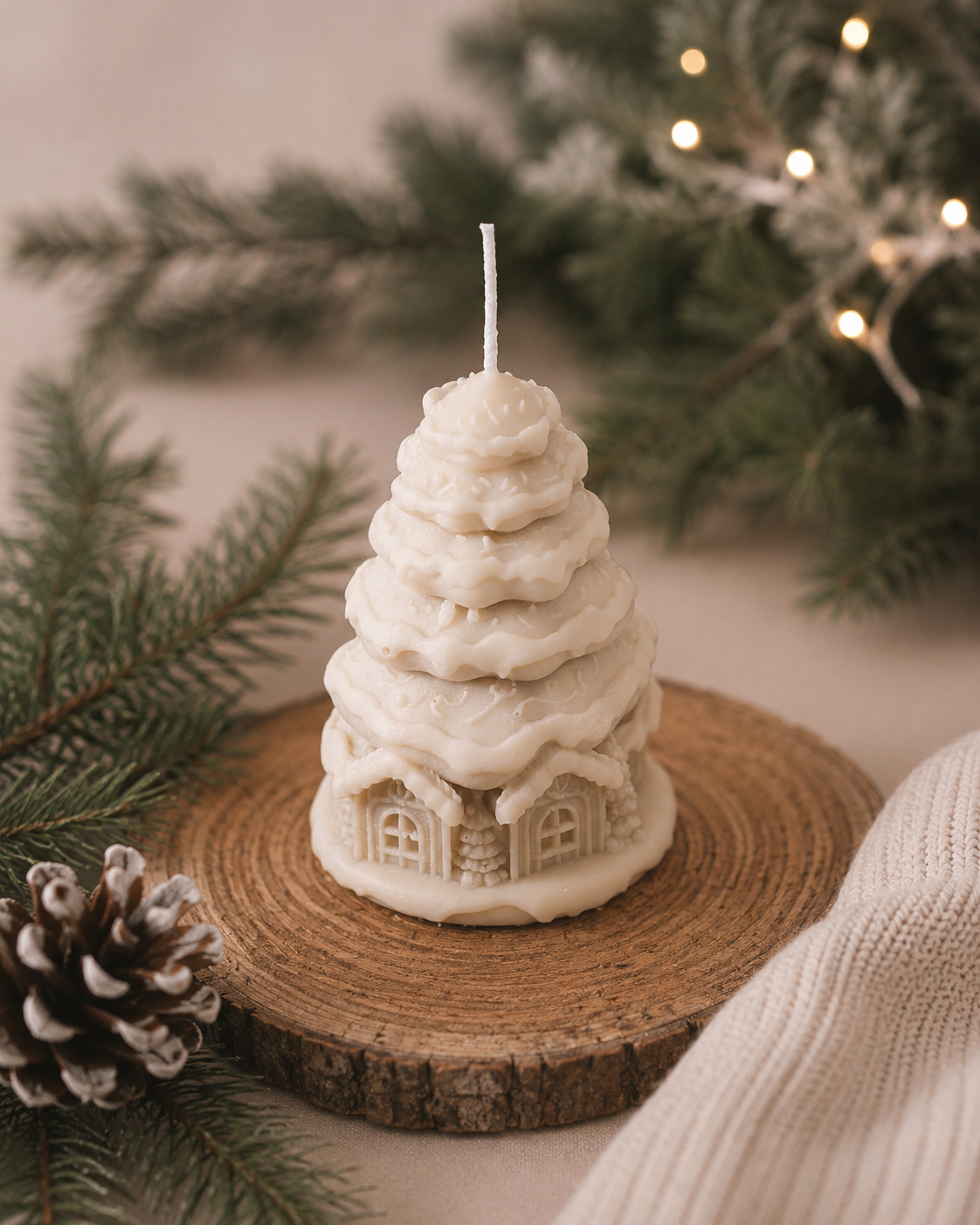 Glow Pantry Wreath Cottage candle in Cashmere, a hand-poured sculptural Christmas house candle with wreath detailing and snowy cottage-inspired design.