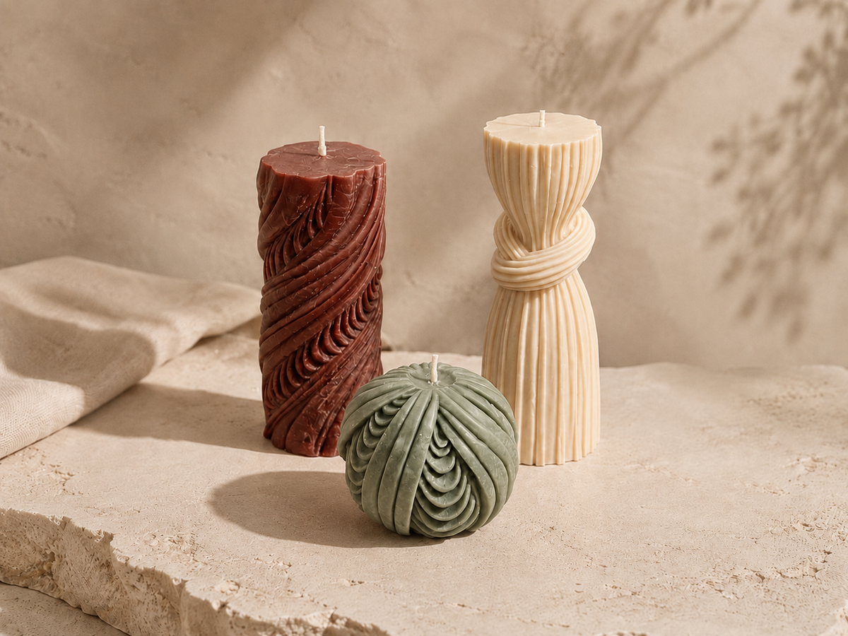 Three sculptural Glow Pantry candles in Ember, Cashmere and Eucalyptus Stone, styled on a warm neutral stone surface.