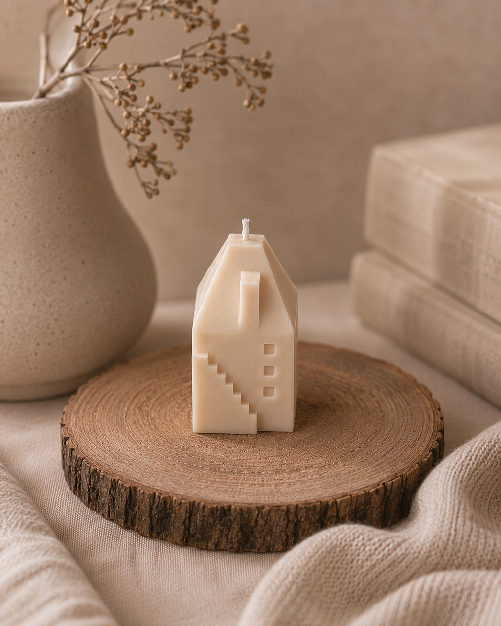 Hand-poured Townhouse sculptural candle in Cashmere by Glow Pantry, inspired by timeless heritage homes and styled on a natural timber slice.